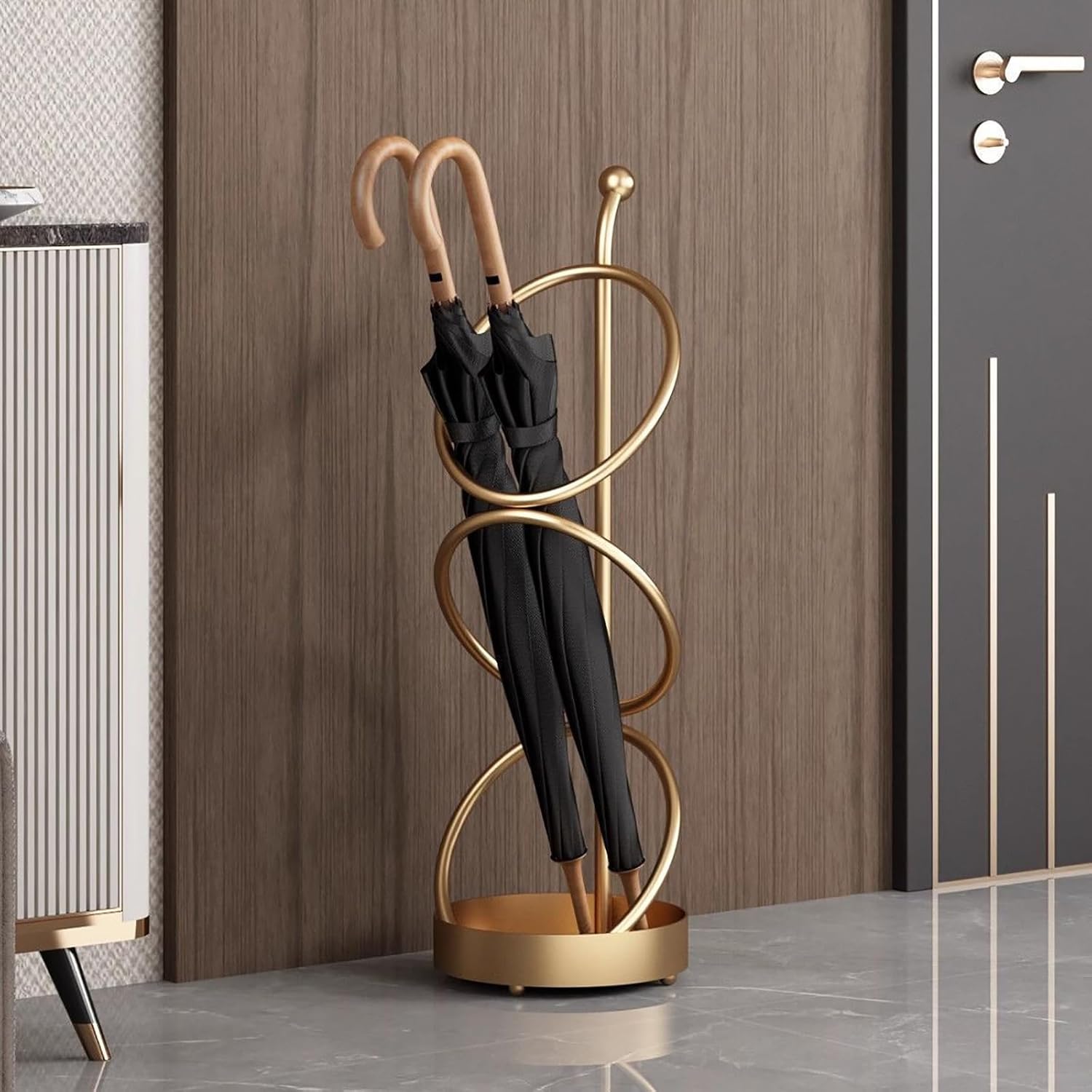 Golden Metal Umbrella Stand Rack,Free Standing Round Umbrella Holder Bin for Entrances,Canes Walking Sticks Holder for Entryway, Home, Office