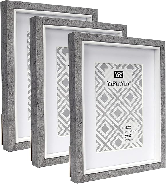 6 X 8 '' /A5 Cement Grey & White Two Tone picture Frame Set Of 3 With Mount for 6 x 4'',Stylish A5 inlay Picture Frame Inch 3 Pack, 6 x 4'' photo frame With Glass Window For Wallmounted & Desk Top