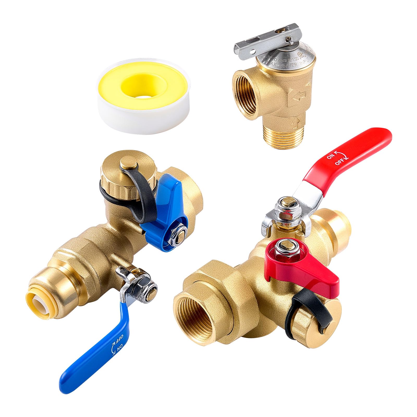 VEVOR Water Heater Kit, 3/4 Inch Tankless Water Heater Service Valve Kit with 2PCS 3/4″ NPT to 3/4″ PTC Isolation Valves, Pressure Relief Valve, Fits Most Tankless Waters Heaters, Lead-Free Brass