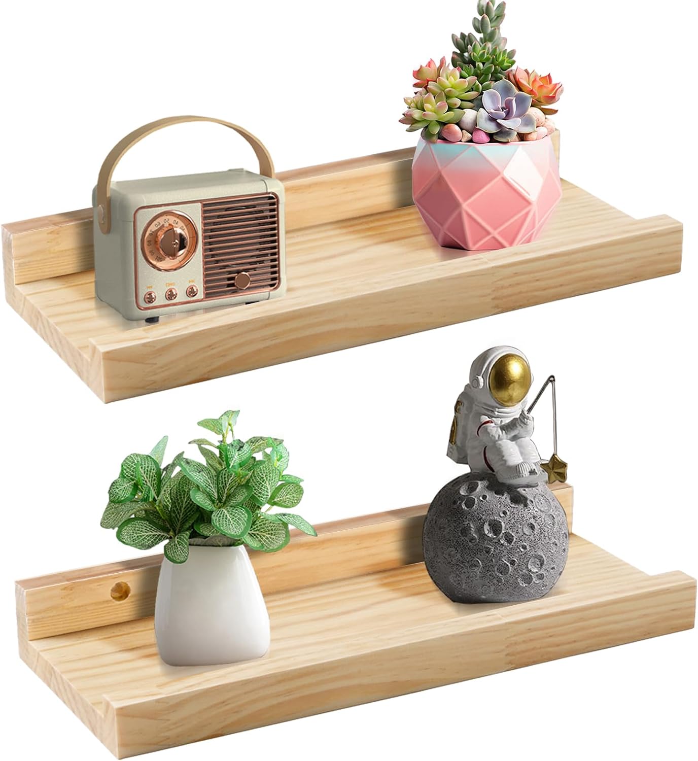 Jeffbaubl Floating Shelves Set of 2, 11.8inch Picture Ledge Shelf for Wall Decor Storage, Natural Wood Wall Shelves with Lip for Bedroom Living Room Kitchen Nursery Books Photo Frames, Natural