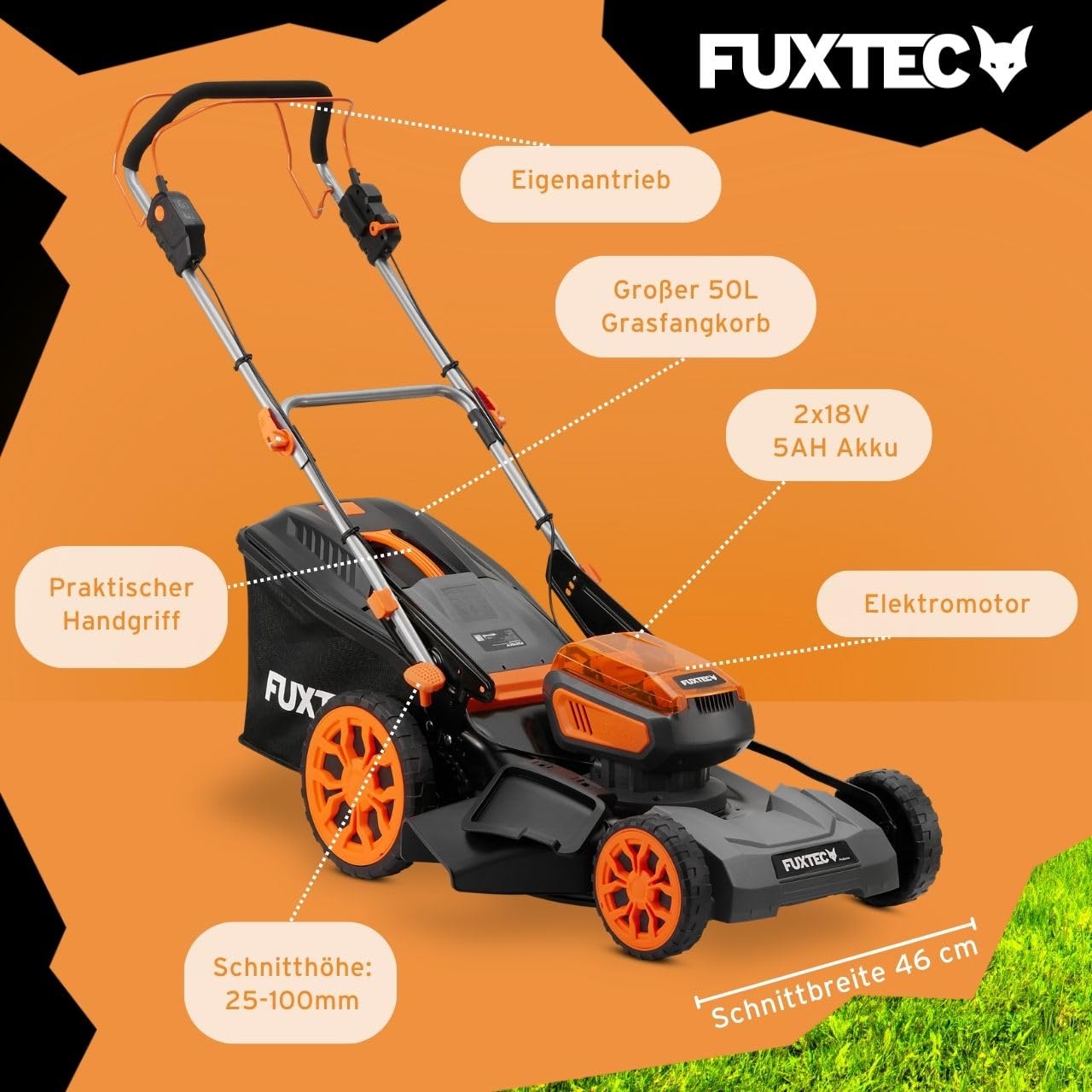 FUXTEC 40V Akku Rasenmäher FX-E2RM46PROSET • 2X 5Ah Akku und Schnellladegerät • Rasenmäher mit variablem Antrieb • 46 cm • Schnitthöhe 25-100 mm • Mulchfunktion • 50L Fangkorb