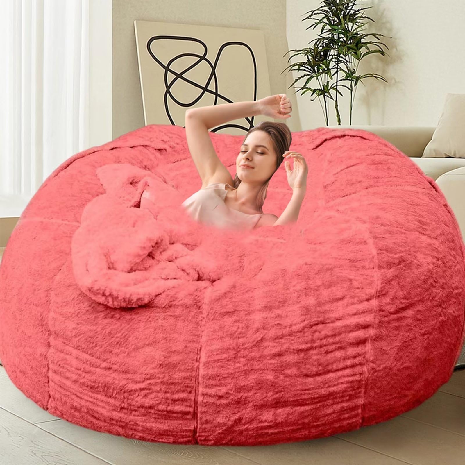 Bean Bag Chair for Adults Kids Without Filler Comfy Giant Round Lazy Sofa Chair Cover Floor Chair Cover for Bedroom Living Room, 7FT, Rose Red