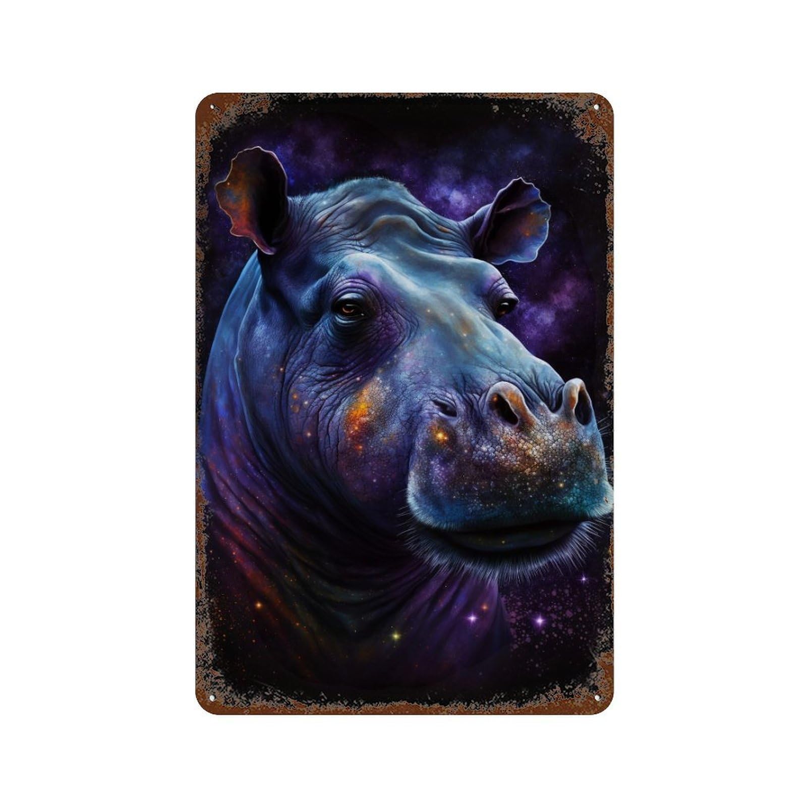 Rust Effect Cosmic Hippo Portrait-11 Aged Metal Wall Plaque 11.8"x7.9", Shabby Chic Decor for Living Room, Hallway And Home Decor