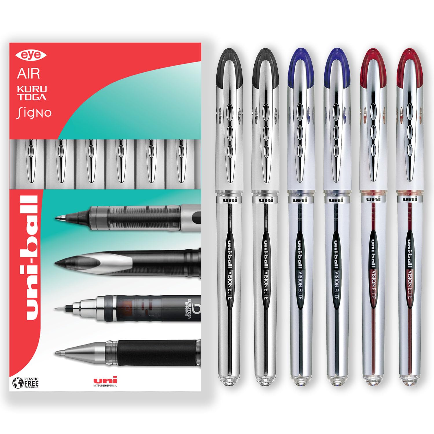 uni-ball Vision Elite - 0.8mm Nib Medium Rollerball Pen - UB-200 - In Envelope Gift Packaging (Pack of 6, Multicolor)