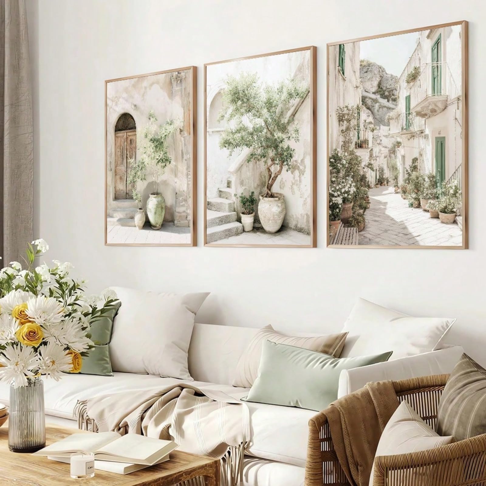 ZBELLO Set of 3 Neutral Italian Village Wall Art Prints, Mediterranean Olive Tree & Stone Street Posters, Boho Coastal Aesthetic Decor for Living Room Bedroom, Unframed (50x70cm)