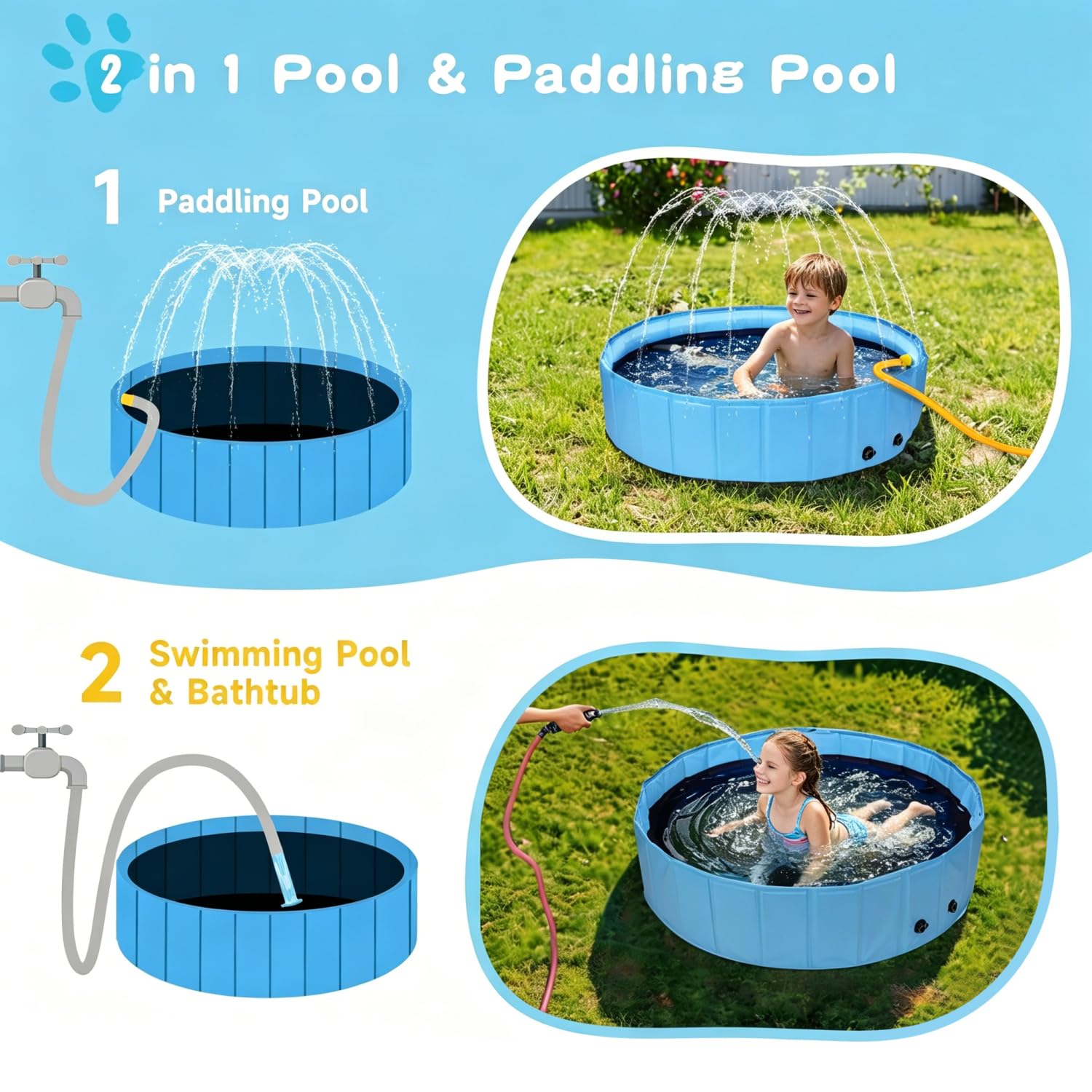 Nobleza Piscina Plegable para Perros con Aspersor – 2-en-1 Alberca & Alfombra de Agua para Niños y Perros – PVC Antideslizante con Válvula de Drenaje – 3 Tamaños (D120 x H30 cm)