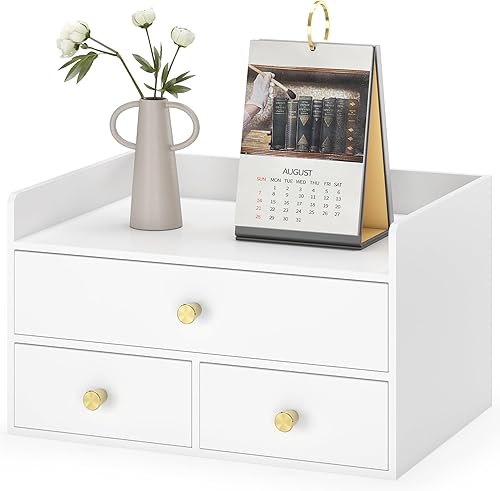 Organizador de escritorio de bambú con cajones, cajones de almacenamiento de escritorio de madera para facturas, suministros de oficina, utensilios