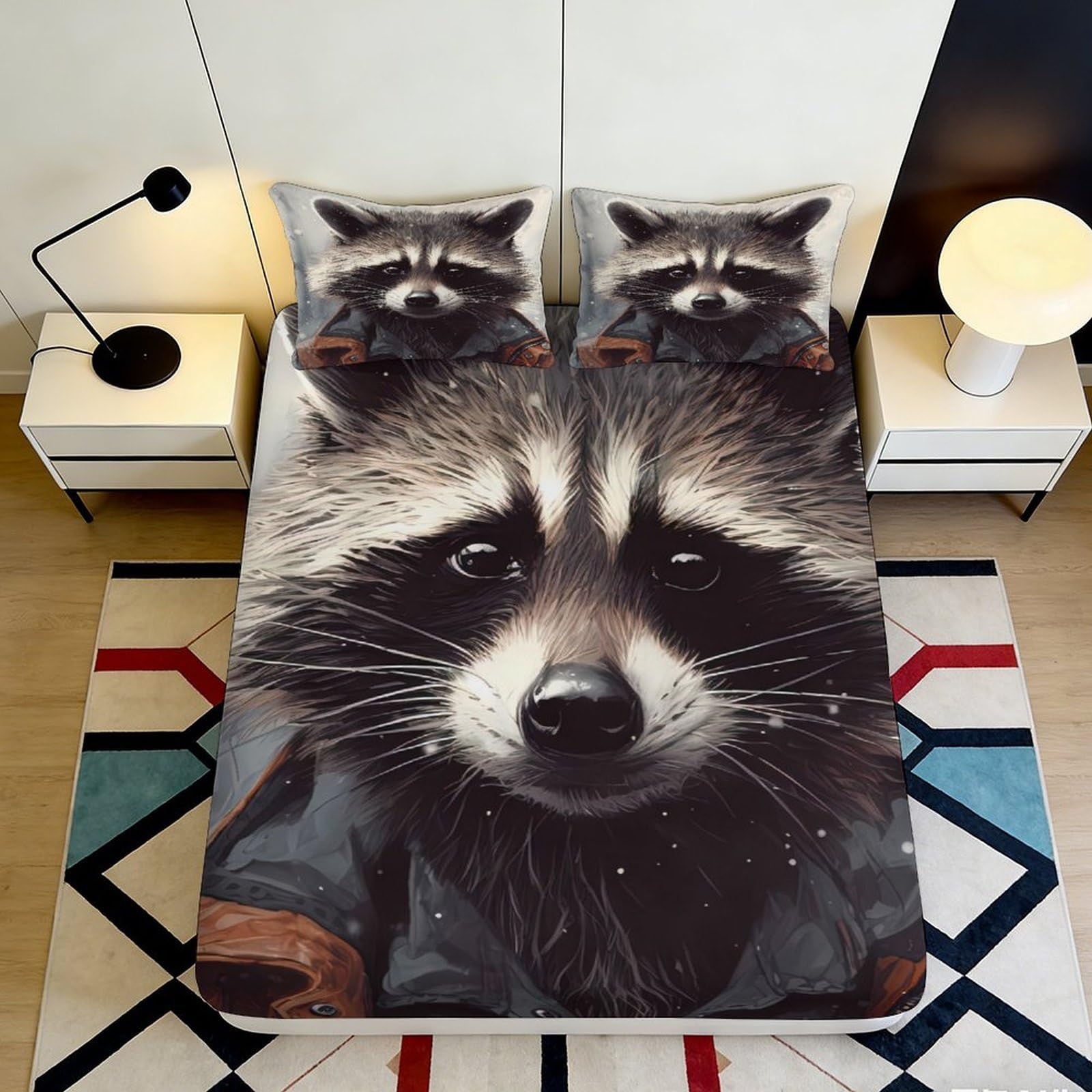 3D Printed Raccoon Animal Fitted Sheet Microfiber Soft Anti-Slip Forest Wildlife Bed Cover for Bedroom Decor 90x200x25cm