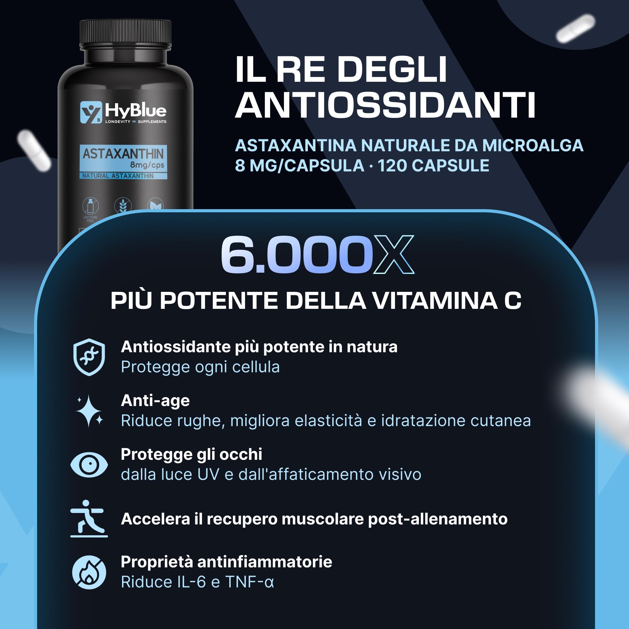 Astaxantina Naturale 8 mg | 120 Capsule di Astaxantina Pura Alto Dosaggio | Potente Antiossidante Naturale | Integratore Per Supporto Sport, Recupero e Protezione Cellulare | Fino 4 Mesi
