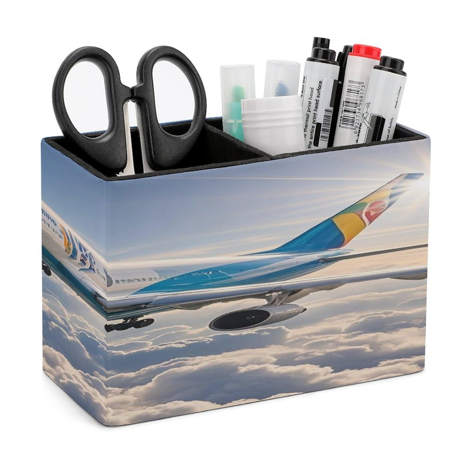 FekiLoot Airplane Pen Holders for Desk Small Remote Control Holder Leather Pencil Cup with Double Compartments Desktop Organizer for Table Desk Office Space Saving