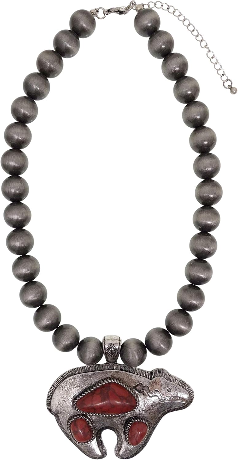 Turquoise Stone Native American Bear Pendant Native Pearls Necklace 18 Inch