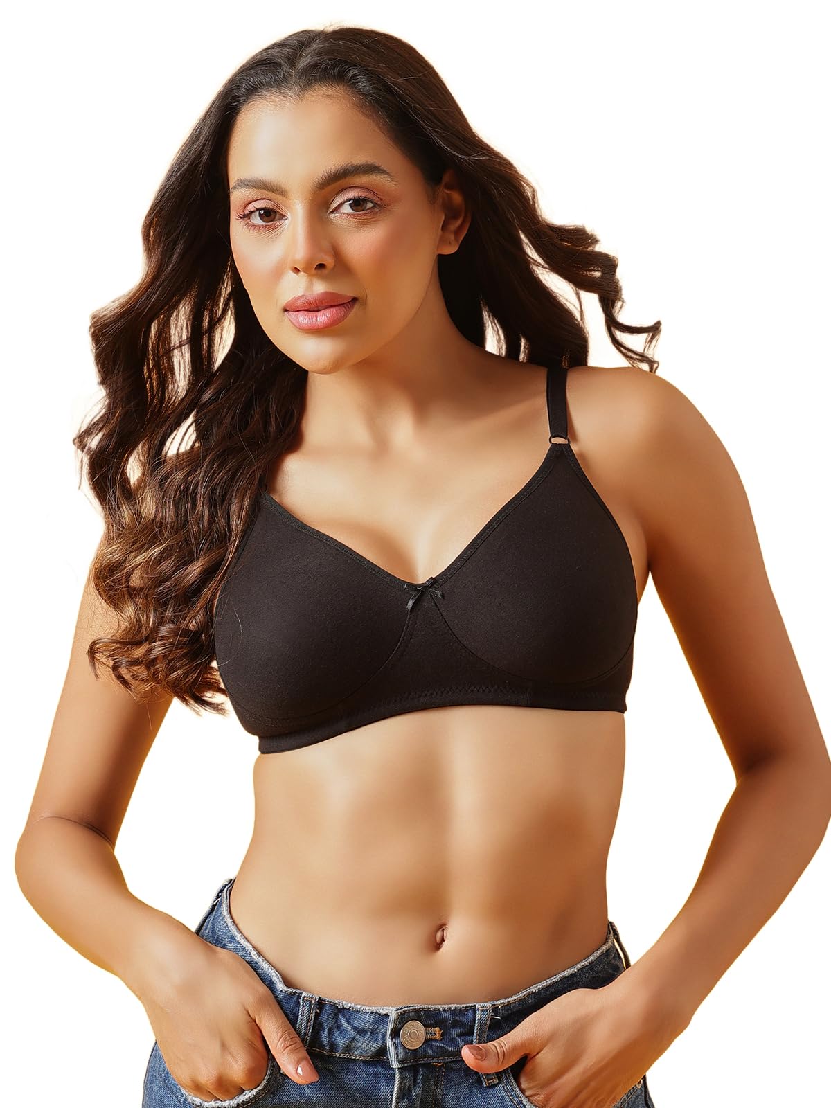 Women's Cotton Rich Solid Non-Padded Full Cup Wire Free T-Shirt Bra - Black