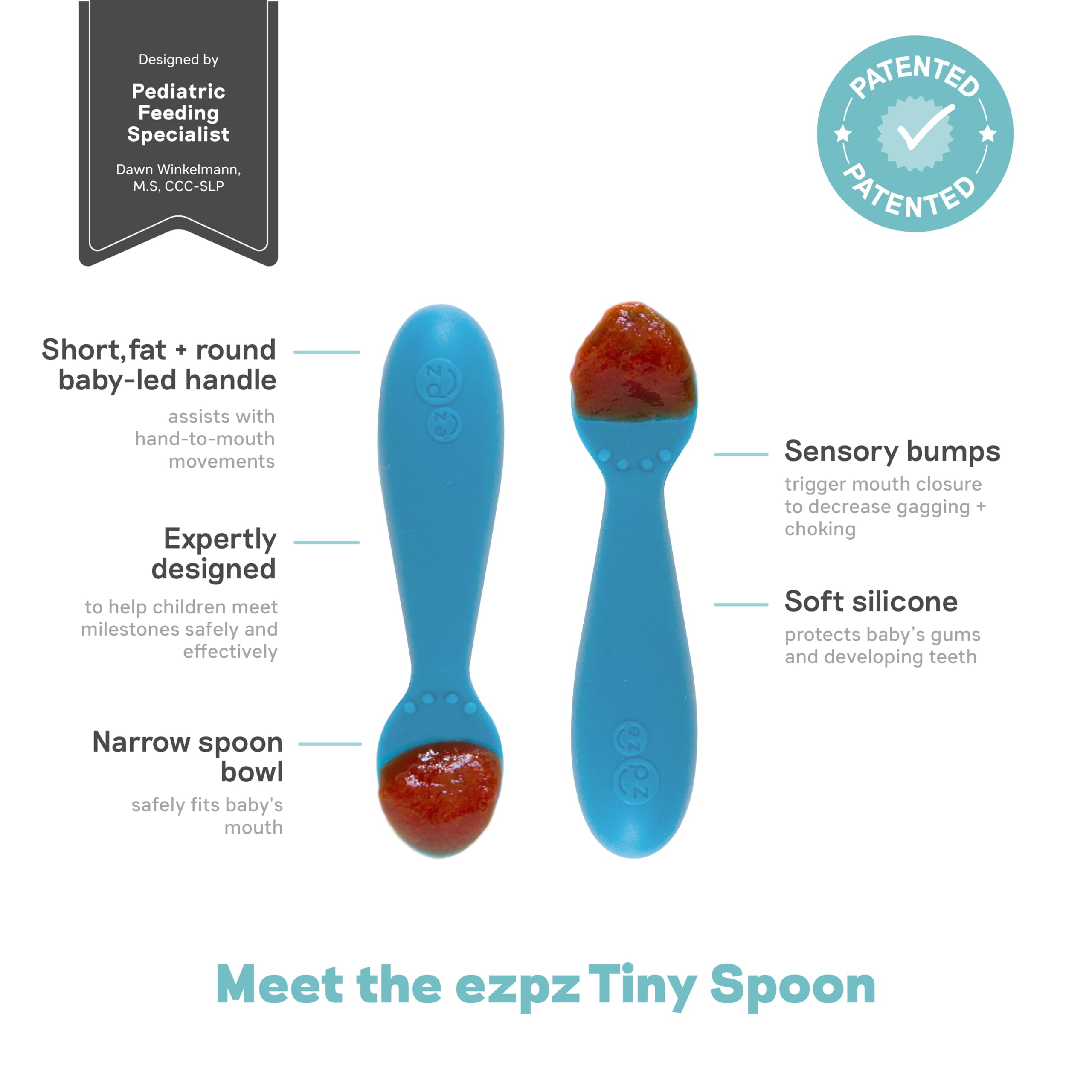 ezpz Tiny Spoons 4 meses +. Pack de 2 cucharas 100% de silicona para bebés y niños pequeños. facilita el Baby Led Weaning. Diseñado por un especialista en alimentación pediátrica. Azul