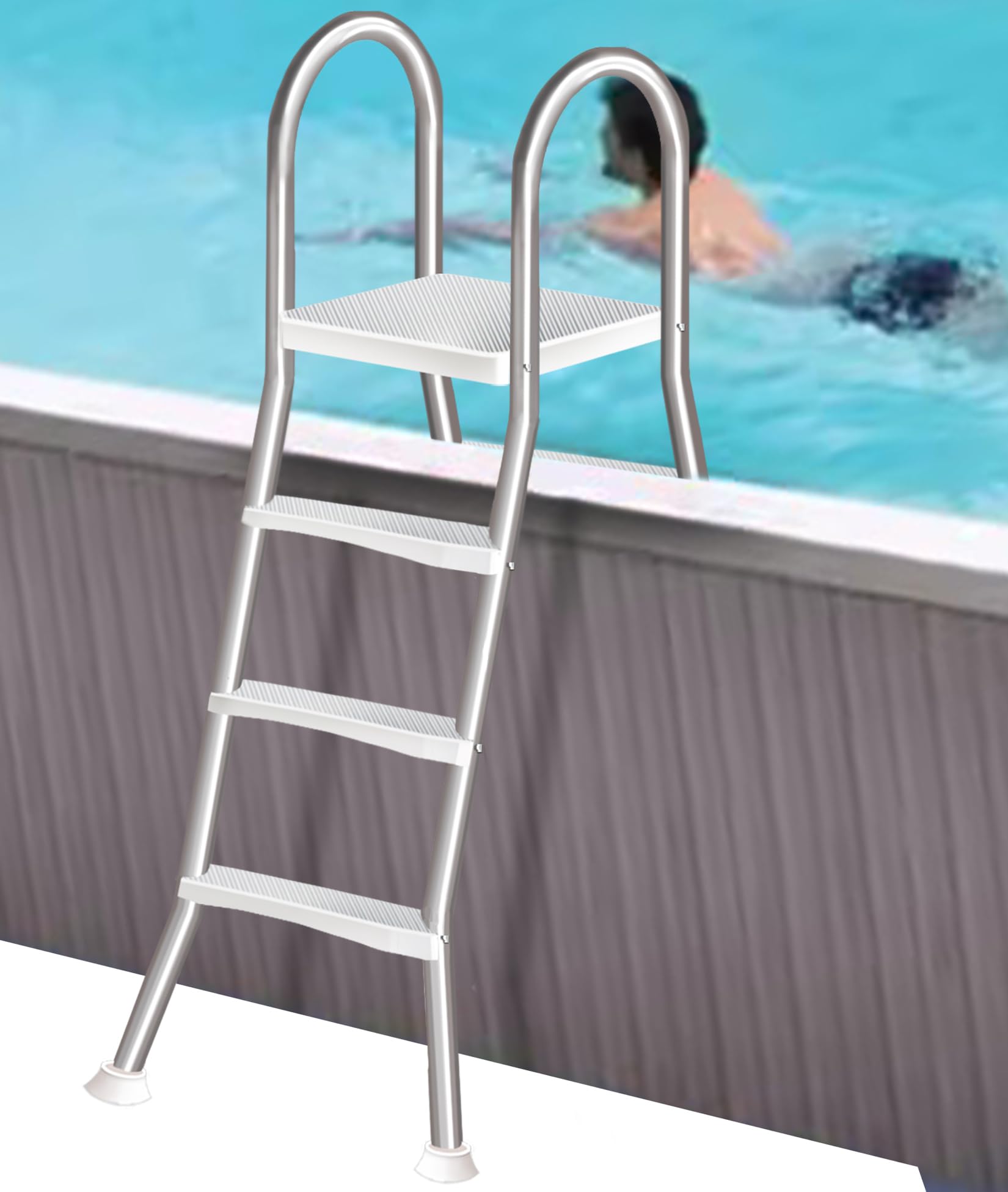 Escalera para Piscina Elevada con Estructura en Forma de A de 110 cm, 3 Peldaños Antideslizantes, Acero Inoxidable Resistente, Estructura Estable, Carga de 250 kg,110cm
