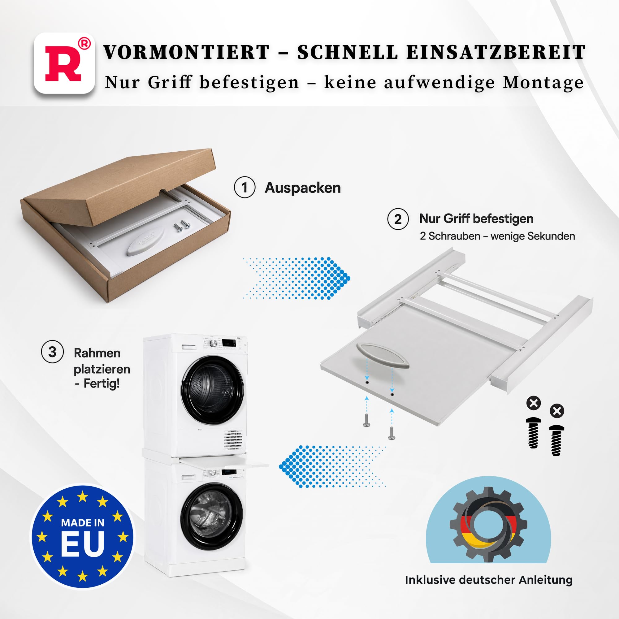 ROLLER Kappatos Premium Verbindungsrahmen mit Schublade, 250 kg Aluminium | Zwischenbaurahmen Waschmaschine Trockner, 60x60 cm, Stapelrahmen mit Ablage, Made in EU