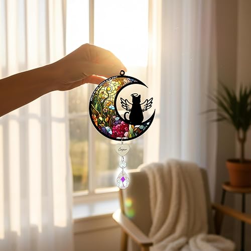 Miniatura 6 de Atrapasoles conmemorativo de gato para ventanas, vitrales, regalo de condolencia de mascotas para conmemorar la pérdida, atrapasoles único de ángel