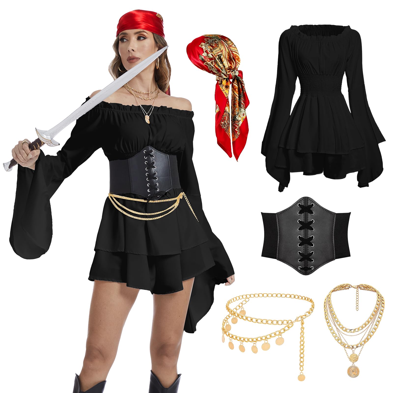 AJGEGJE Pirate Costume Adult Women, 5 Pcs Pirate Accessories Women Dress Outfit With Scarf Belt Necklace Waist Chain for Halloween Party Cosplay (Black, XXL)
