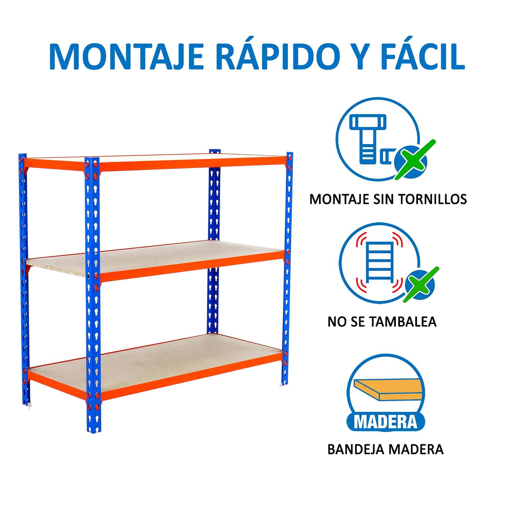 SimonRack Schwerlastregal, Lagerregal, 90x100x30 cm, Metallregal, Kellerregal, Biegestelle 150 kg, 3 Holzfachböden, Blau/Orange/Holz - Maderclick