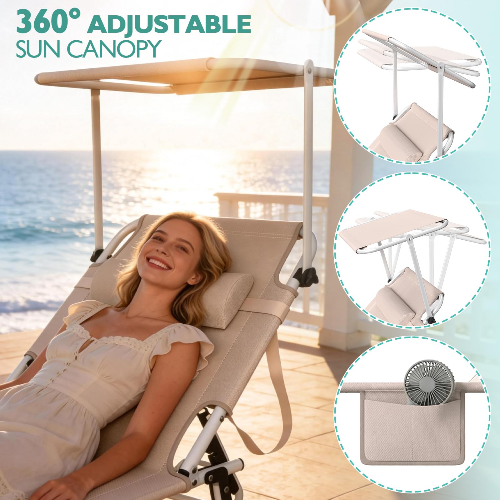 Transat Pliant avec Toile Solaire 194x67,5cm – Chaise Longue Multi-Positions & Parasol 360°, 600D Oxford, INCL. Poche Latérale & Sangle de Transport (Chaise Camping, Kaki)