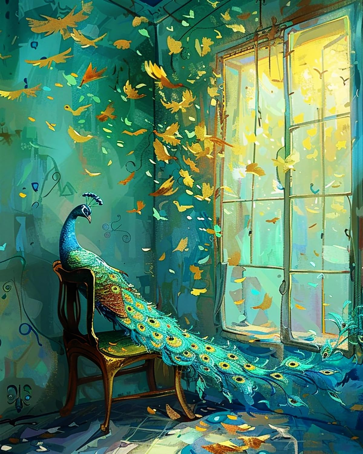 LIUBAISHI Paint by Numbers for Adults – 16"x20" | DIY Wall Art for Living Room, Relaxing Hobby for Stress Relief, Full Painting Kit with 3 Brushes-Peacock Gold Leaf Window