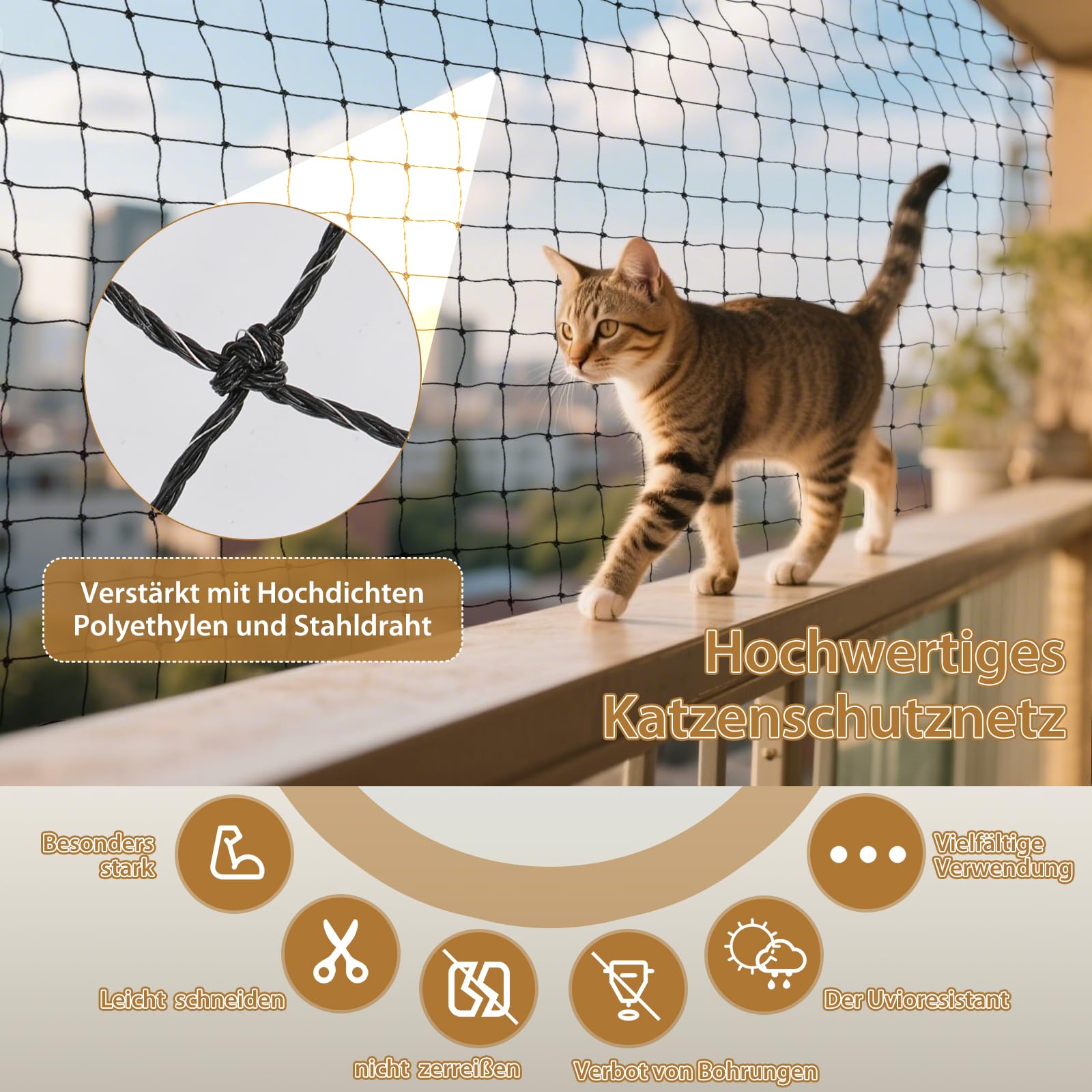 Red para gatos para balcón, malla de alambre reforzada, protección para balcón, con cuerda de fijación, clavos, duradera, resistente a mordeduras y roturas, resistente a los rayos UV, resistente a la