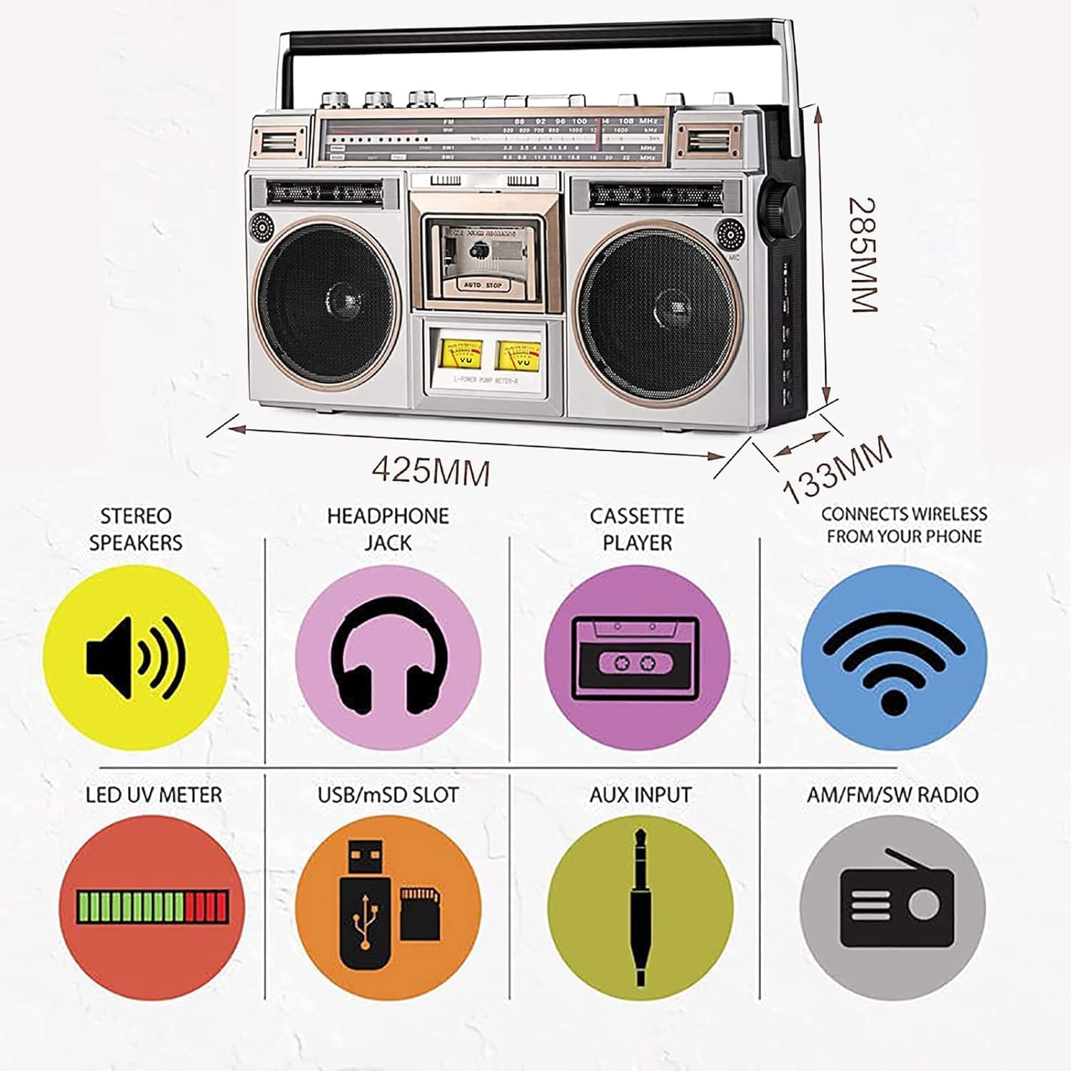 Boombox - Lettore audio con radio AM/FM, streaming wireless, slot USB e micro SD, ingresso AUX, jack per cuffie, converte cassette in USB
