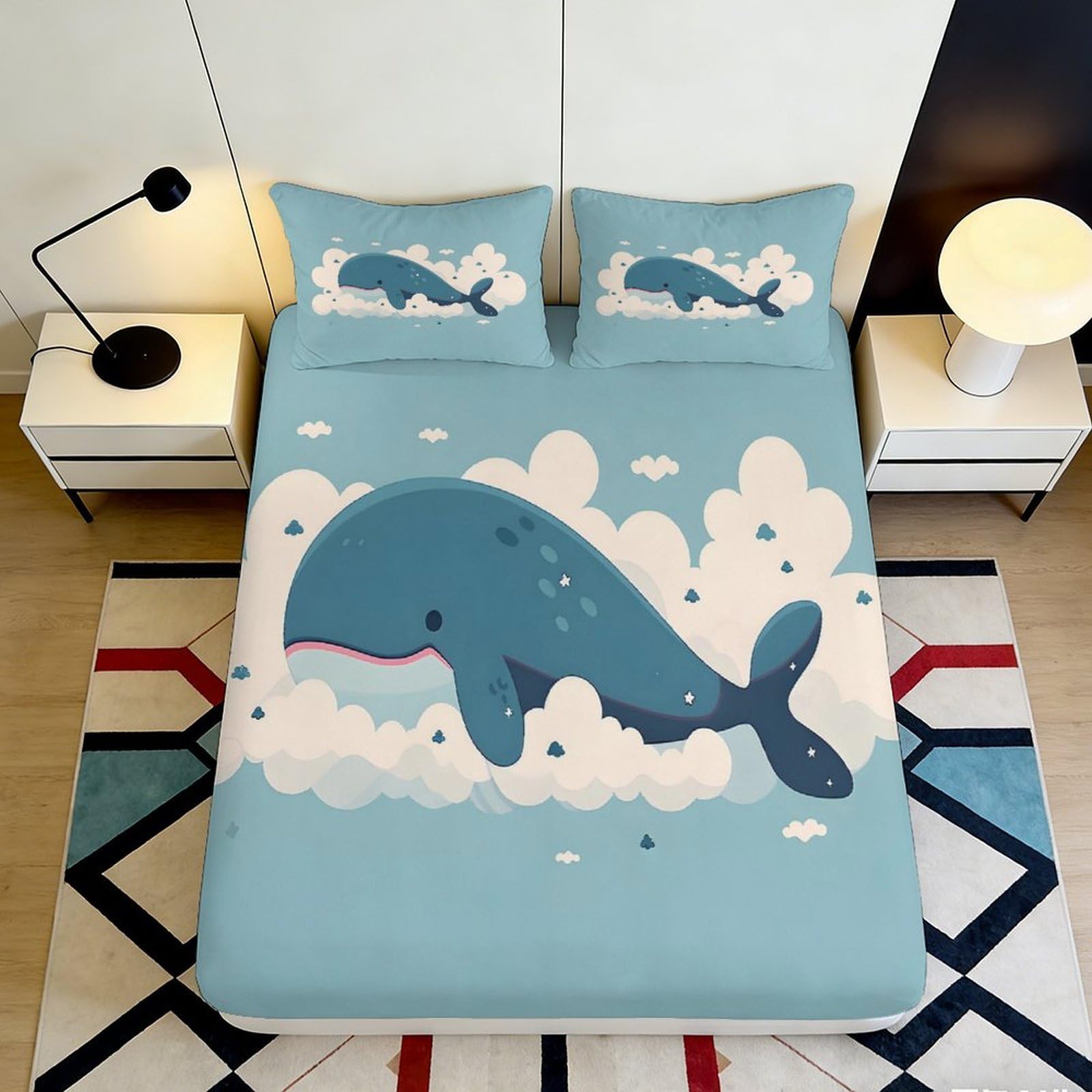 3D Printed Blue Whale Ocean Fitted Sheet Microfiber Soft Breathable Clouds Mattress Cover for Bedroom Guest Room Dorm 140x200x25cm