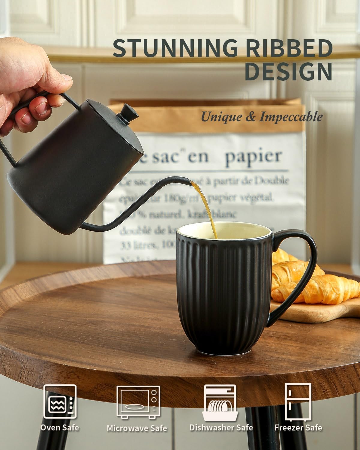 HASENSE Ceramic Coffee Mug, 20 Oz Large Coffee Mug with Handle, Porcelain Latte Cup for Coffee, Tea and Cocoa, Modern Ribbed Design, Microwave & Dishwasher Safe, Black - Image 4