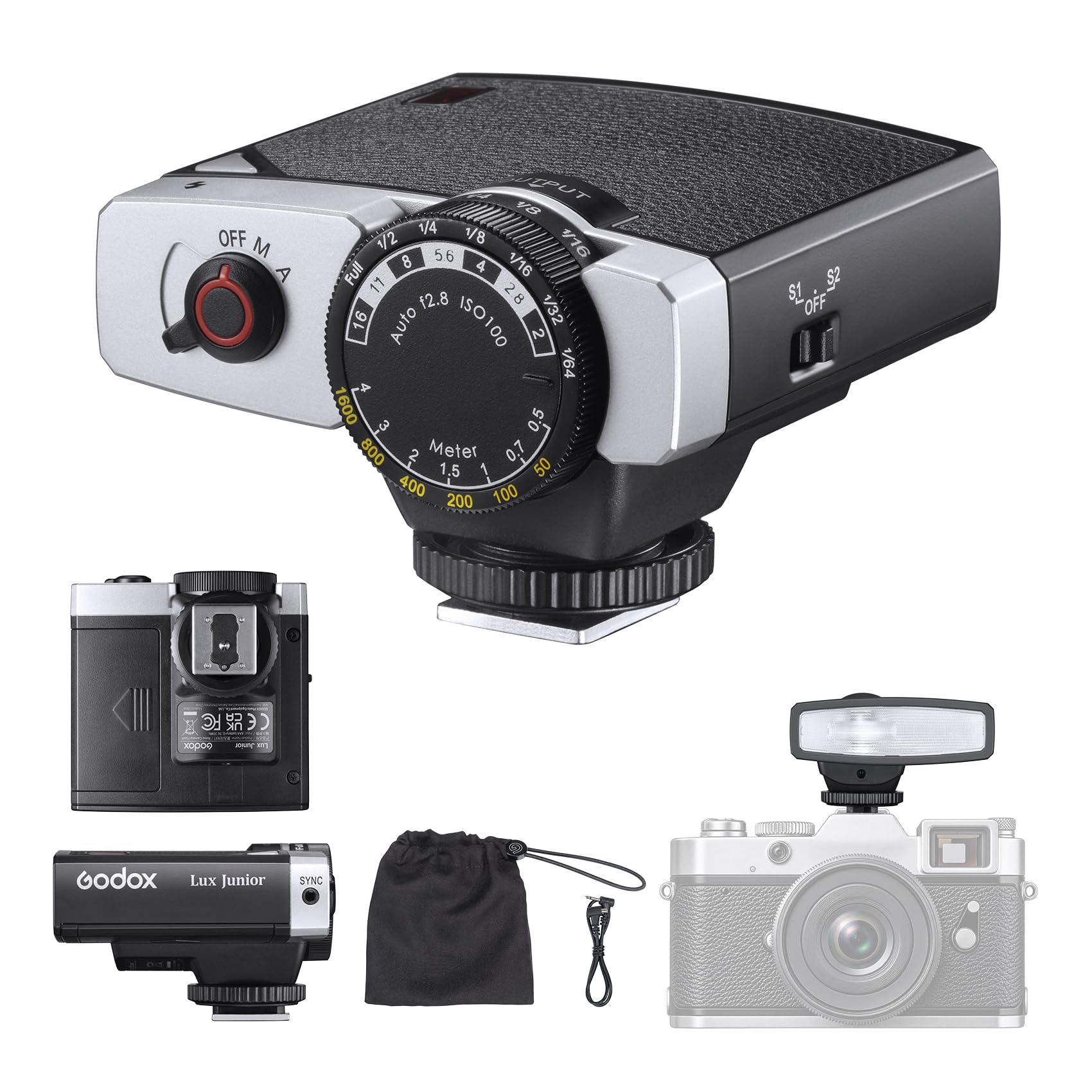 godox lux junior retro camera flash, gn12 6000k±200k cct,auto & manual modes 1/1-1/64 flash power, s1/s2 optical control for fuji, for canon, for nikon, for sony, for olympus camera
