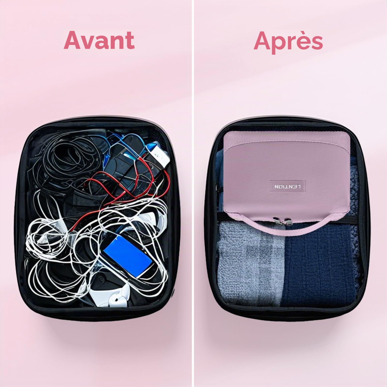 LENTION Sac de Rangement Câble, Pochette Câble de Voyage, Organisateur Électronique, Tech Pouch pour Accessoires Techniques USB Câbles, Chargeur, Batterie Externe, Carte SD, Objets Quotidiens (Rose)