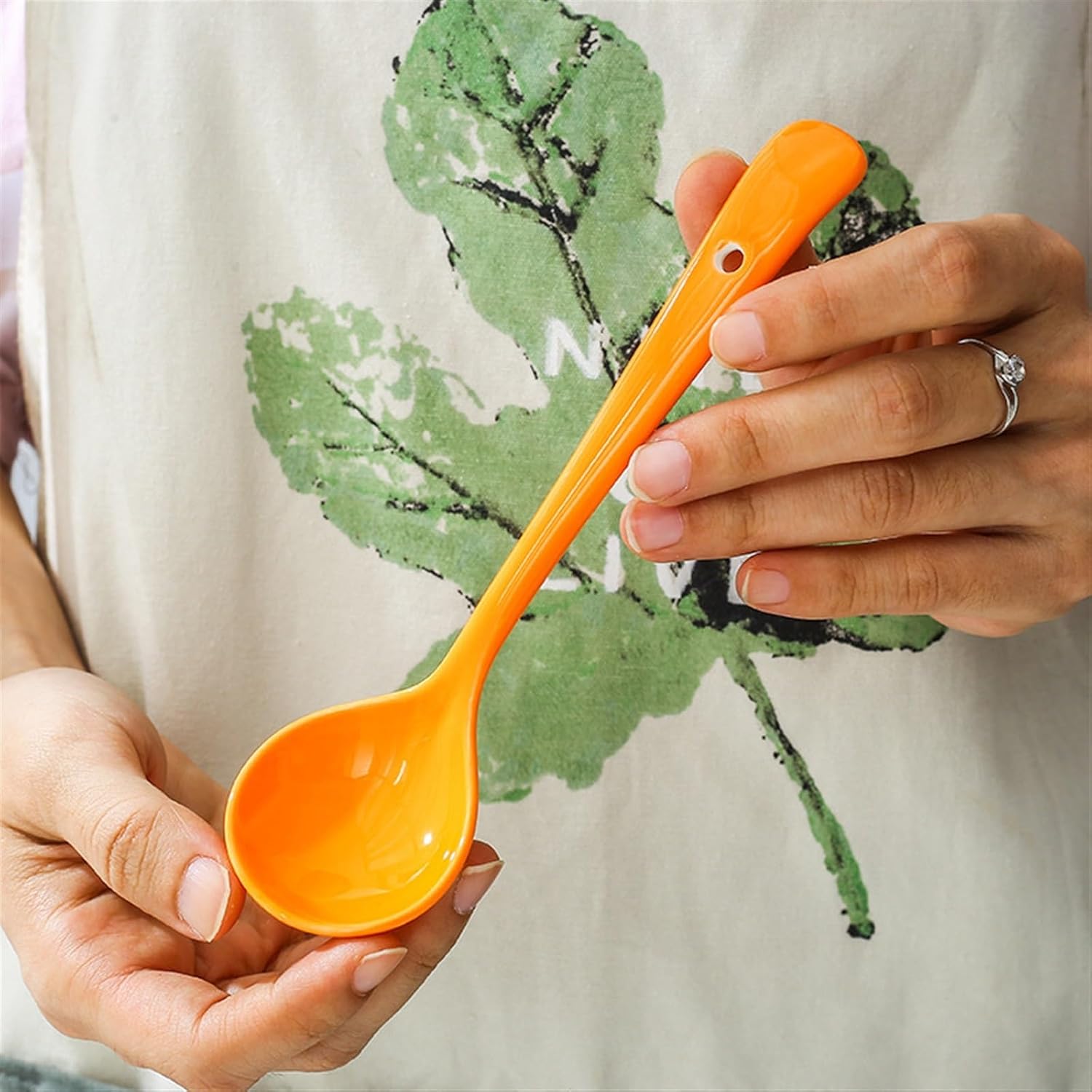 Soup Spoon Ceramic Spoons Long Handle Asian with Hole Chinese Korean Japanese Ramen Dinner(Orange)