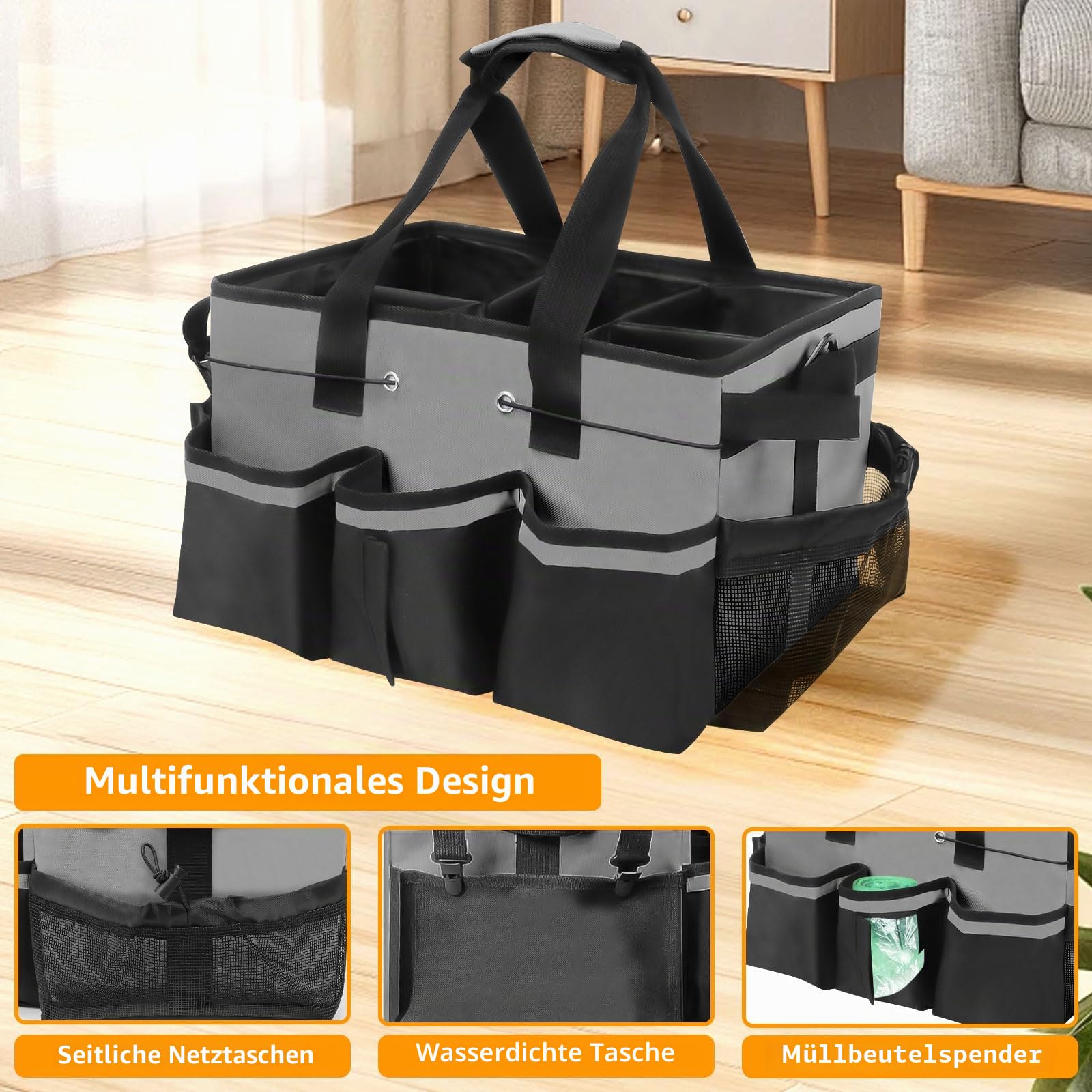 Große Reinigungs Caddy, Tragbarer Putzmittel Organizer Reinigungstasche mit Verstellbaren Schultergurt, 40x23,5x27,5 cm Haushaltstasche Reinigungsmittel Aufbewahrung für Zuhause Auto Einkaufen (Grau)