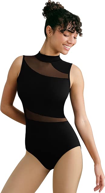 Tegmk Women Mock Neck Ballet Leotards for Dance, Asymmetrical Mesh Splicing, Chest Padding, Big Hollow Back