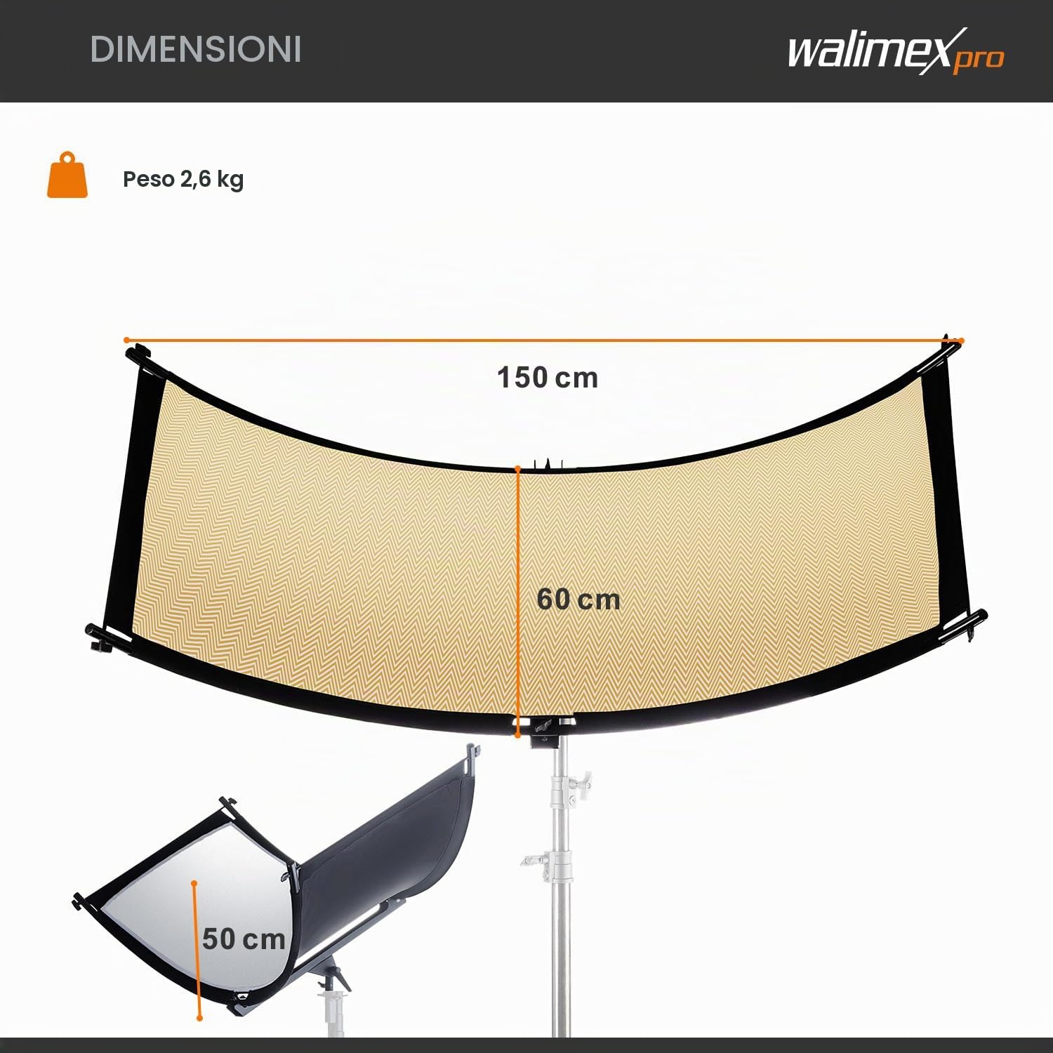 Walimex pro Riflettore concavo 3 in 1, 150 x 60 cm, per fotografia di moda e bellezza, 3 colori riflettori, argento, bianco Wavy Gold, con attacco spigot per treppiede, 22771