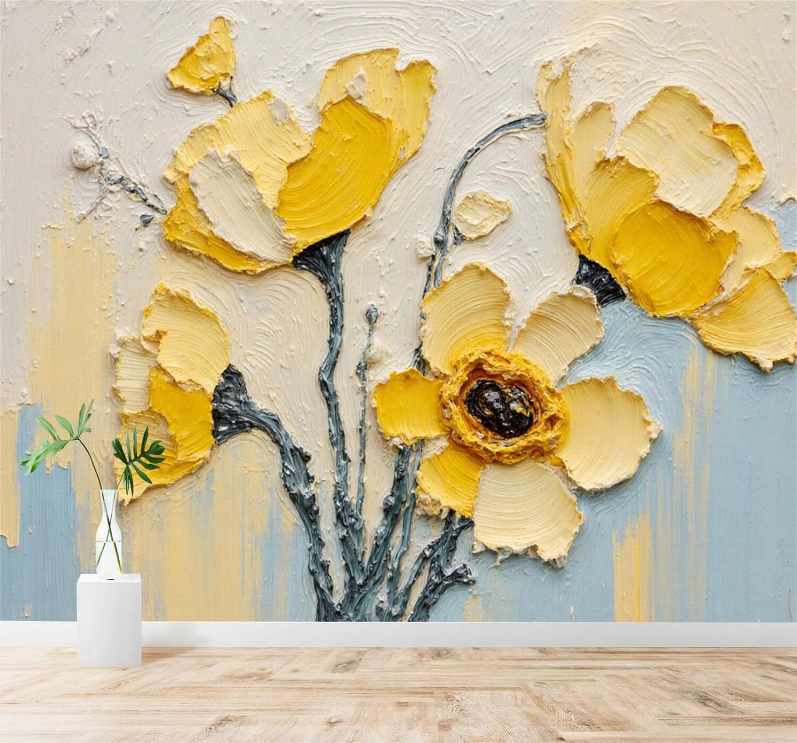 XLMING Abstract Hand Drawn Yellow Flowers Light Blue Art 3D Wallpaper Silky Texture Home Study Office Grey Dining Room Sofa Bedroom Living Room TV Backdrop-430cm×300cm