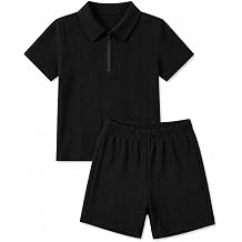 Boys Summer Outfits Ribbed Knit Polo Shirt and Shorts 2 Piece Set