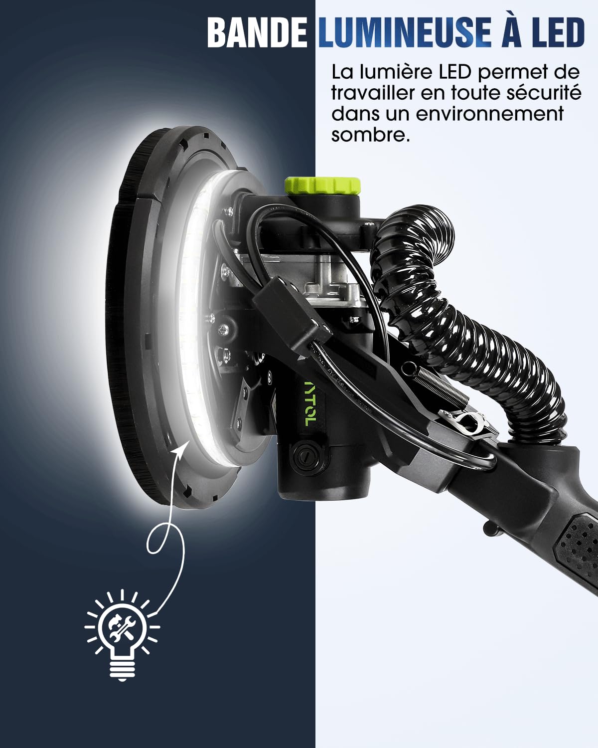 MYTOL Ponceuse Girafe Aspirante, 900W Électrique Girafe Ponceuse avec Aspirateur Poignée Pliable Extensible, 6 Vitesses, Vitesse Maximale 1800U/min, Éclairage LED, 12 Papiers Abrasifs