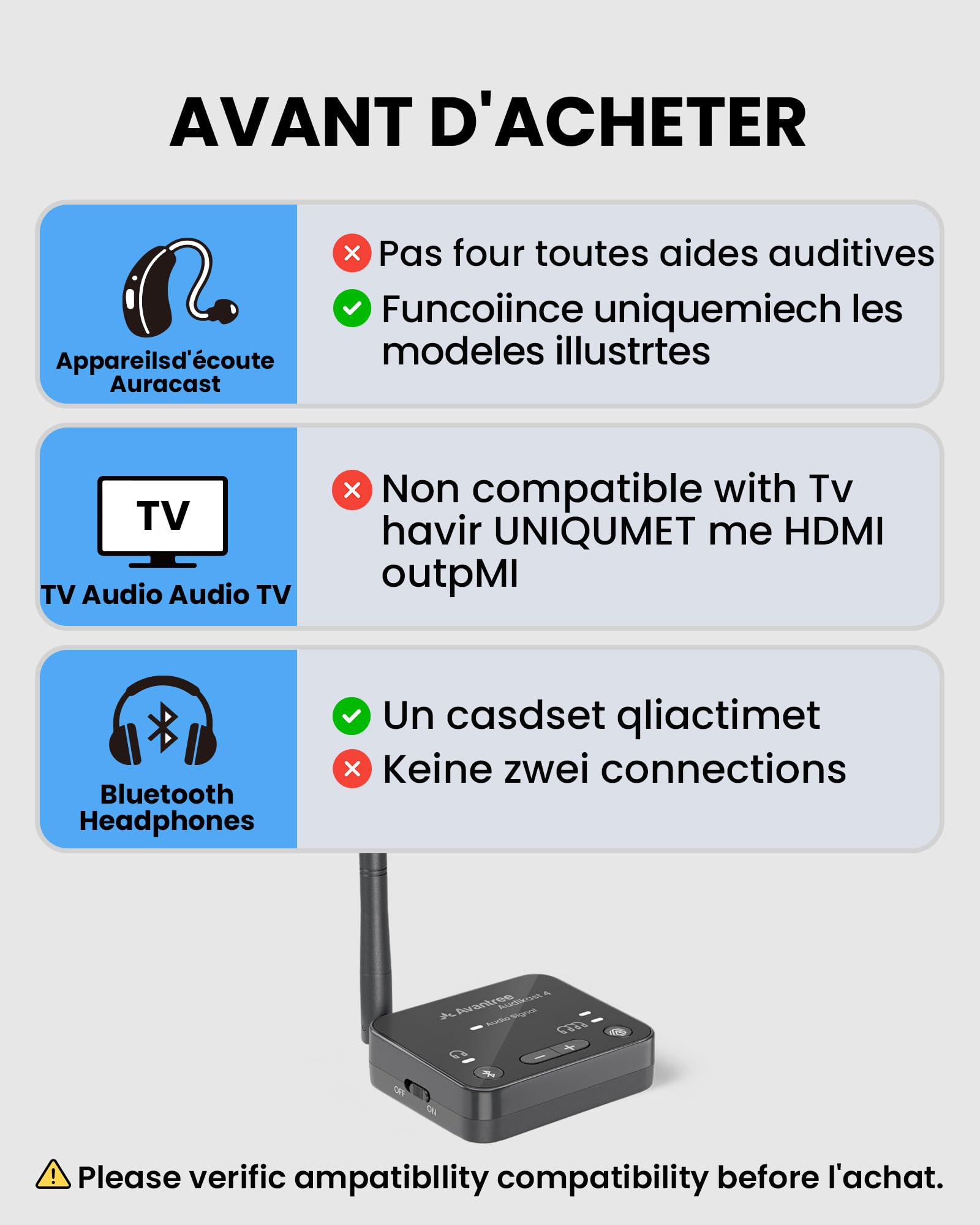 Avantree Audikast 4 – Émetteur TV Auracast & Bluetooth 5.4 2-en-1 pour Casques Et Appareils D’Écoute Personnels Sélectionnés, aptX Adaptive & HD, Sorties Optique/AUX, Évolutif Et MàJ