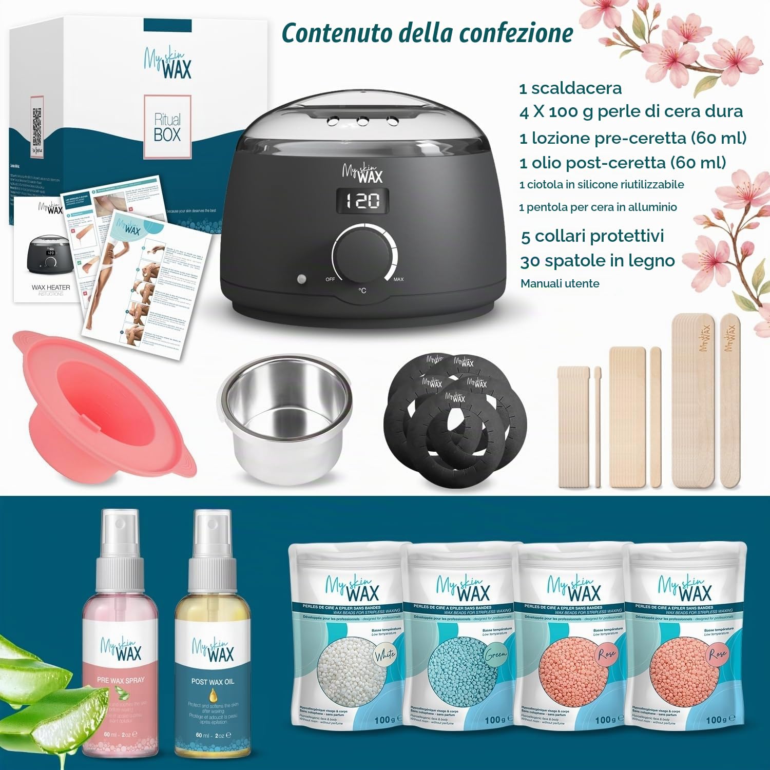 Kit scaldacera professionale con ciotola in silicone – Scaldacera digitale a caldo, senza strisce, con cera ipoallergenica a bassa temperatura da 400 g, per viso, bikini, depilazione del
