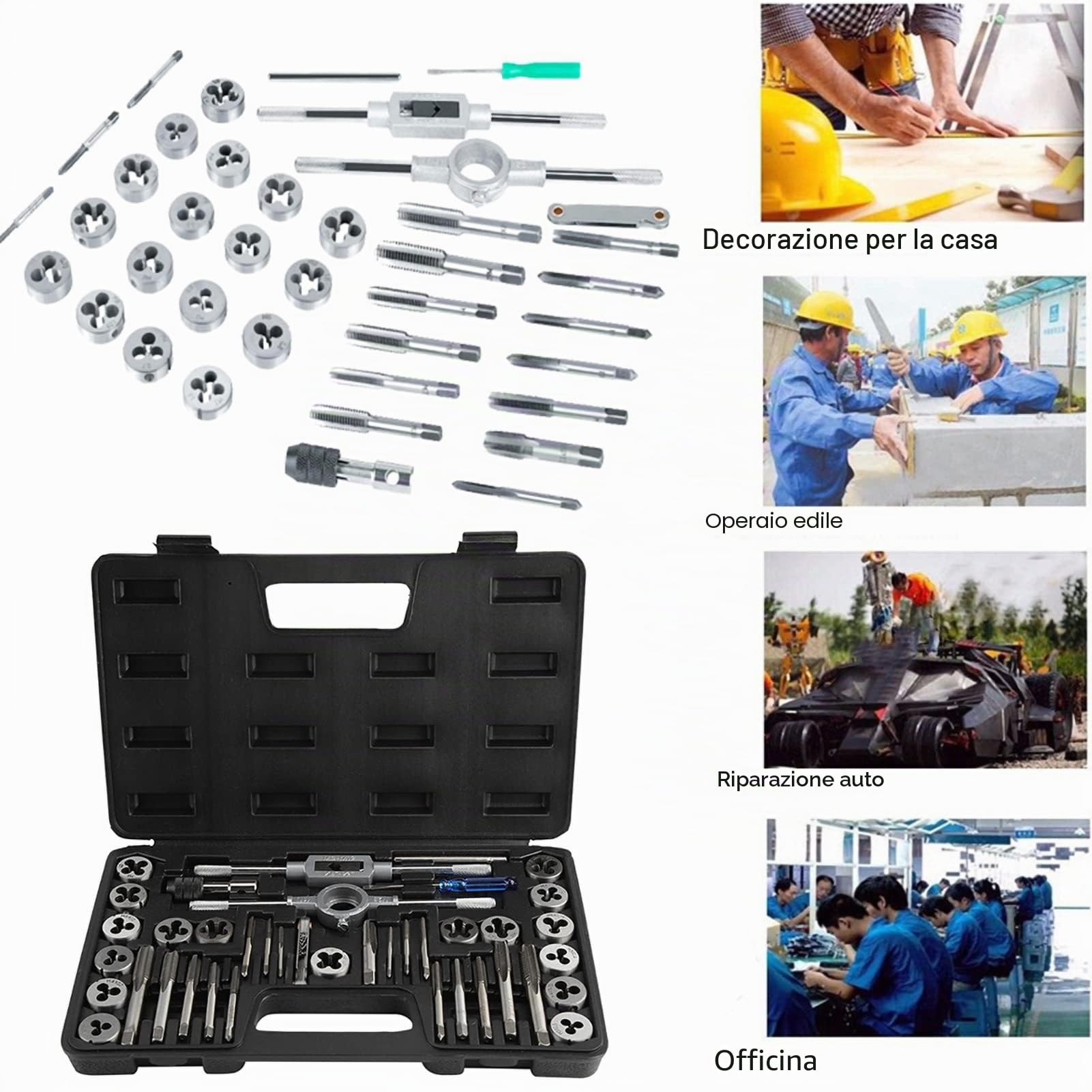 Set Maschi e Filiere 40 Pezzi M3-M12 in Acciaio con Custodia Portatile per Filettatura Maschi e Filiere Set