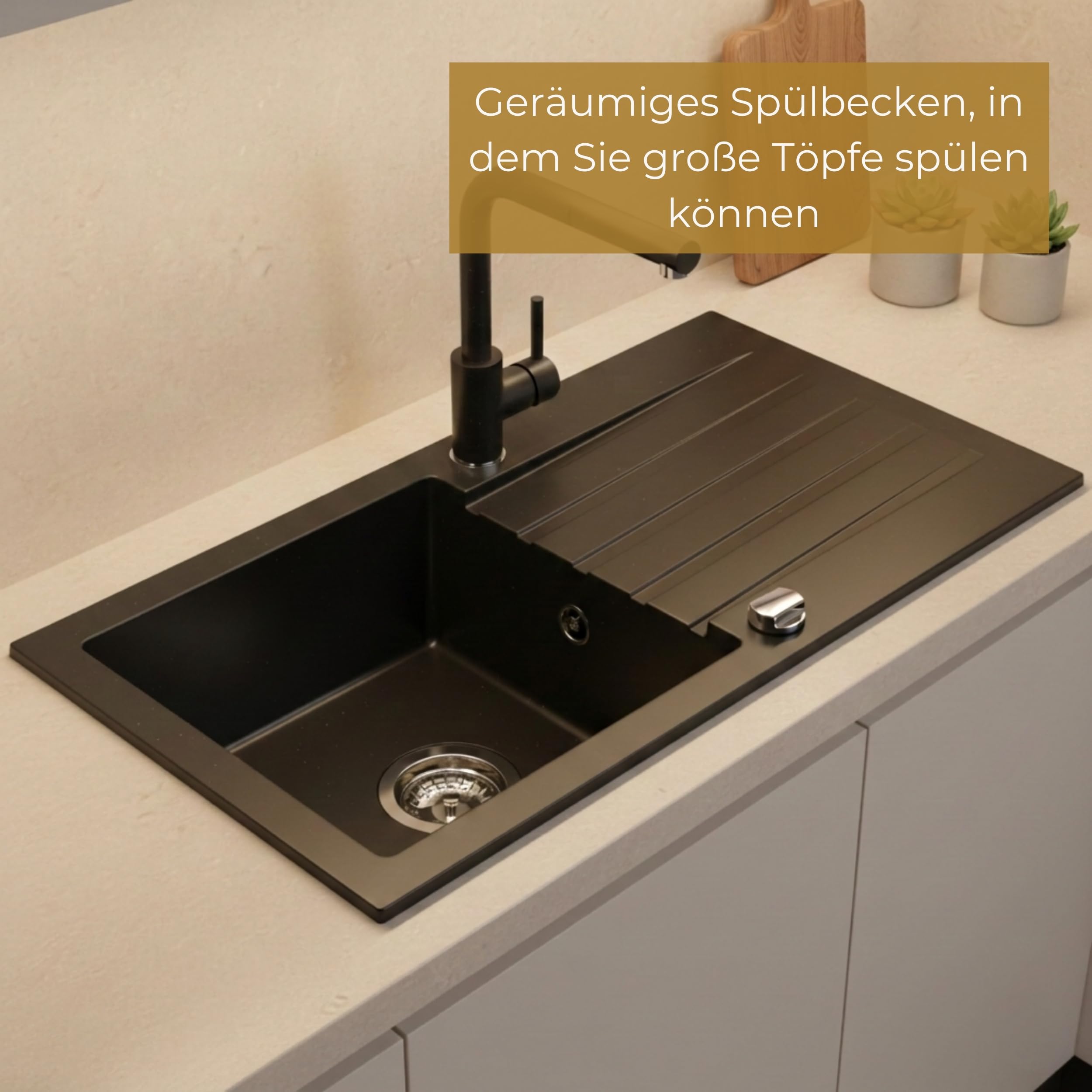 Granitspüle schwarz 77x43 cm Küchenspüle mit Abtropffläche Einbauspüle für 45er Unterschrank inkl. Exzenter-Siphon