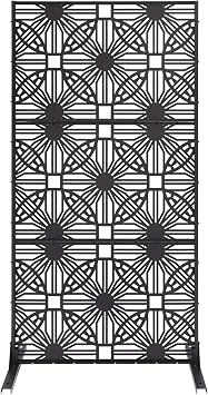3 Ft W X 6 Ft H Decorative Outdoor Privacy Screen with Stand,Outdoor Decor Privacy Fence Screen Metal Fence Panels, Standing Metal Divider for Patio,Garden Flower Shaped-Black