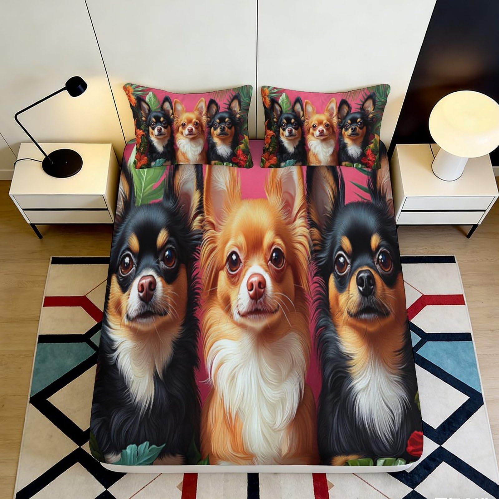 3D Printed Chihuahua Dog Fitted Sheet Microfiber Soft Breathable Pet Portrait Bed Cover for Bedroom Guest Room Decor 90x200x25cm