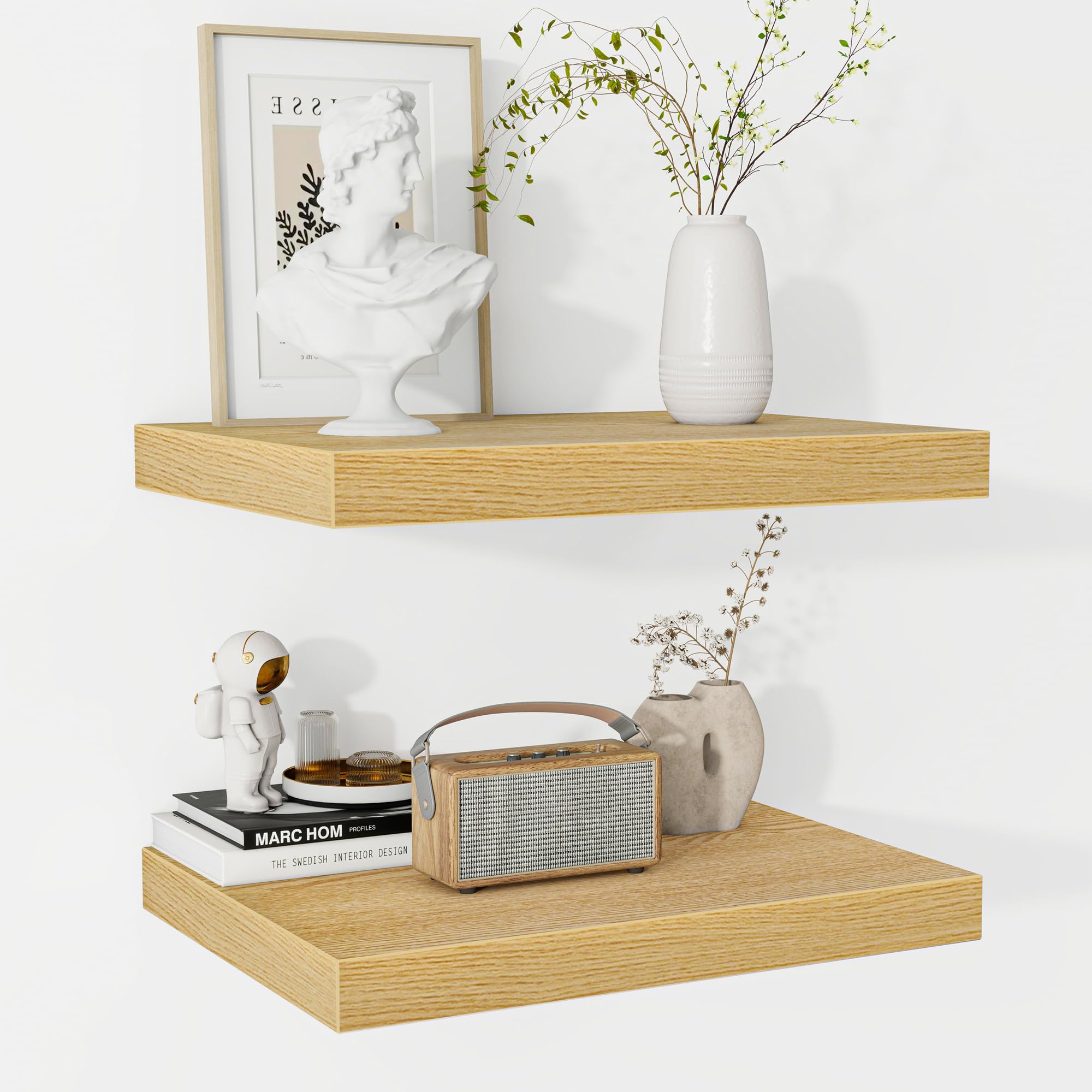 Fun Memories Floating Shelves - 2 Pack 12 Inch Rustic Wooden Wall Shelves - Extra Deeper & Thicker Wall Mounted Storage Shelf for Living Room, Kitchen, Farmhouse - 16" W x 12" D x 1.5" H - Oak โ image 1