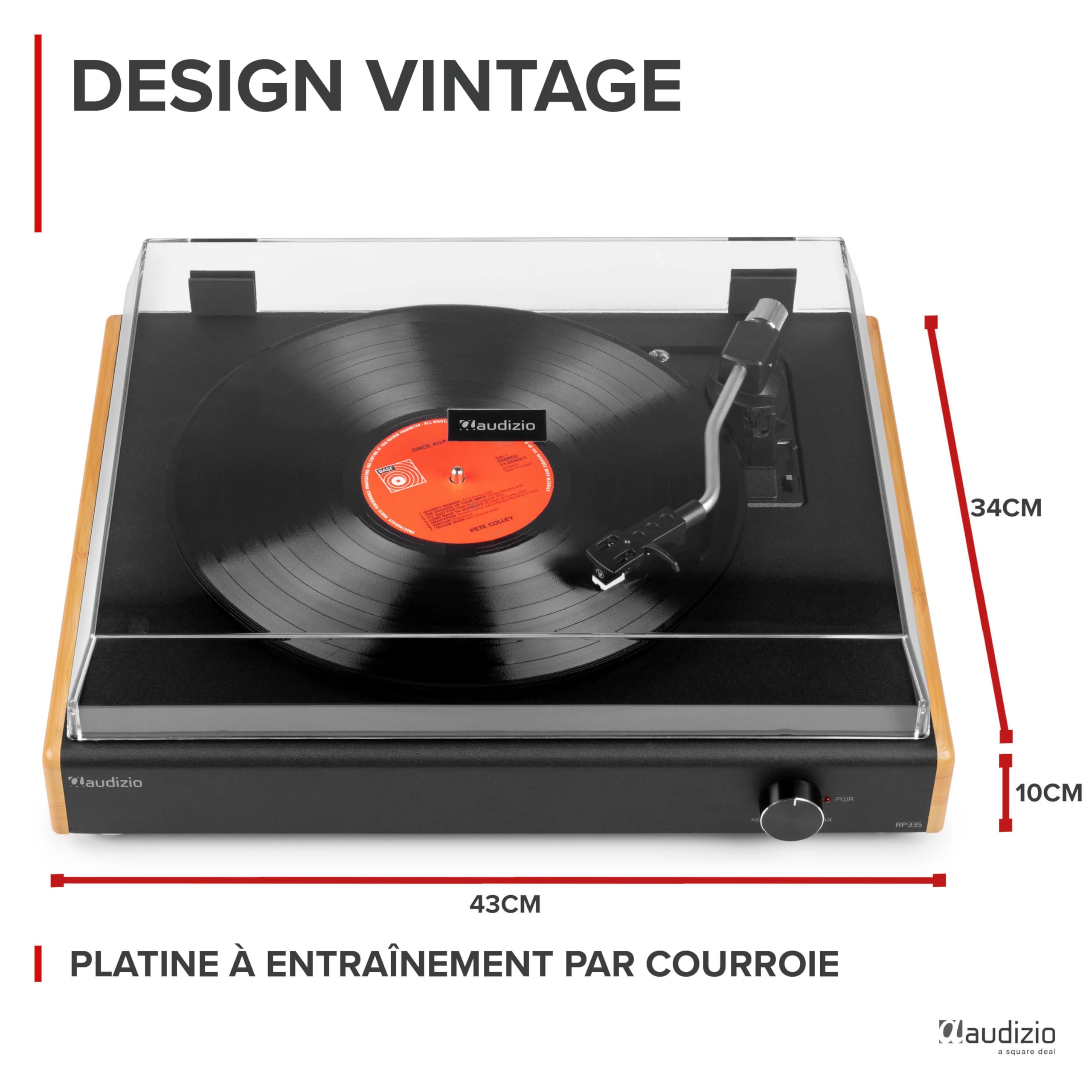 Audizio RP335 Platine Vinyle Bambou BT avec Enceintes 2x40W, Design Élégant, Lecture USB, 3 Vitesses, Fonction Enregistreur, Idéal pour Les Audiophiles et Collectionneurs de Vinyles