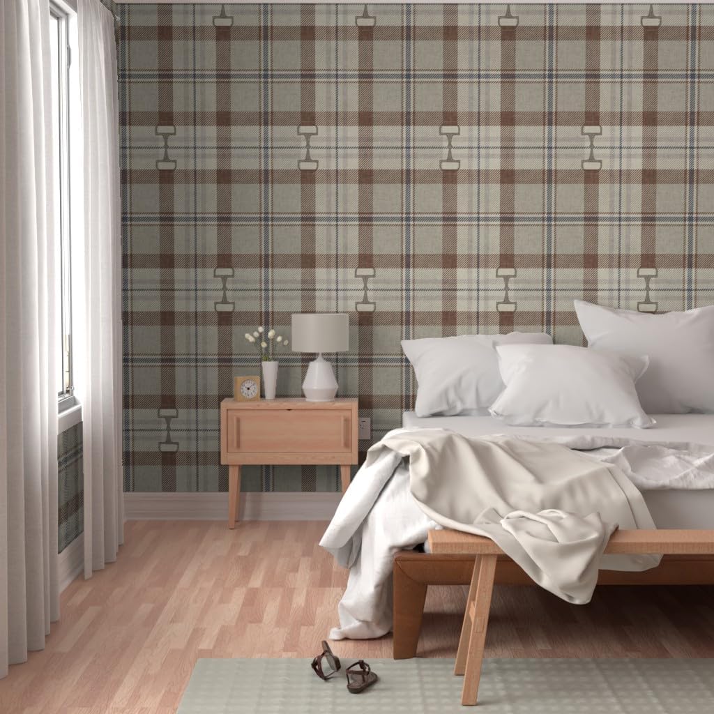 Spoonflower Peel & Stick Wallpaper Swatch - Equestrian Autumnal Plaid Heritage Cozy English Rustic Tartan Neutral Farmhouse Tack Room Snaffle Custom Removable Wallpaper