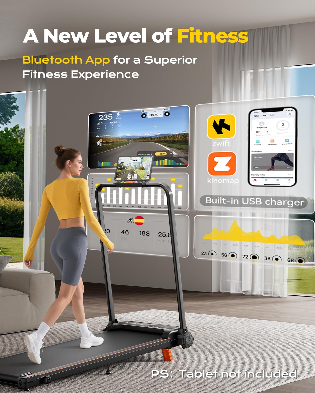 Abonow Klappbares Laufband mit Steigung， 3-in-1 Untertisch-Laufband, ultradünnes Design, geeignet für Homeoffices, kompakte Mini-Laufmaschine, inklusive Fernbedienung, perfekt für kleine Räume, 130 kg