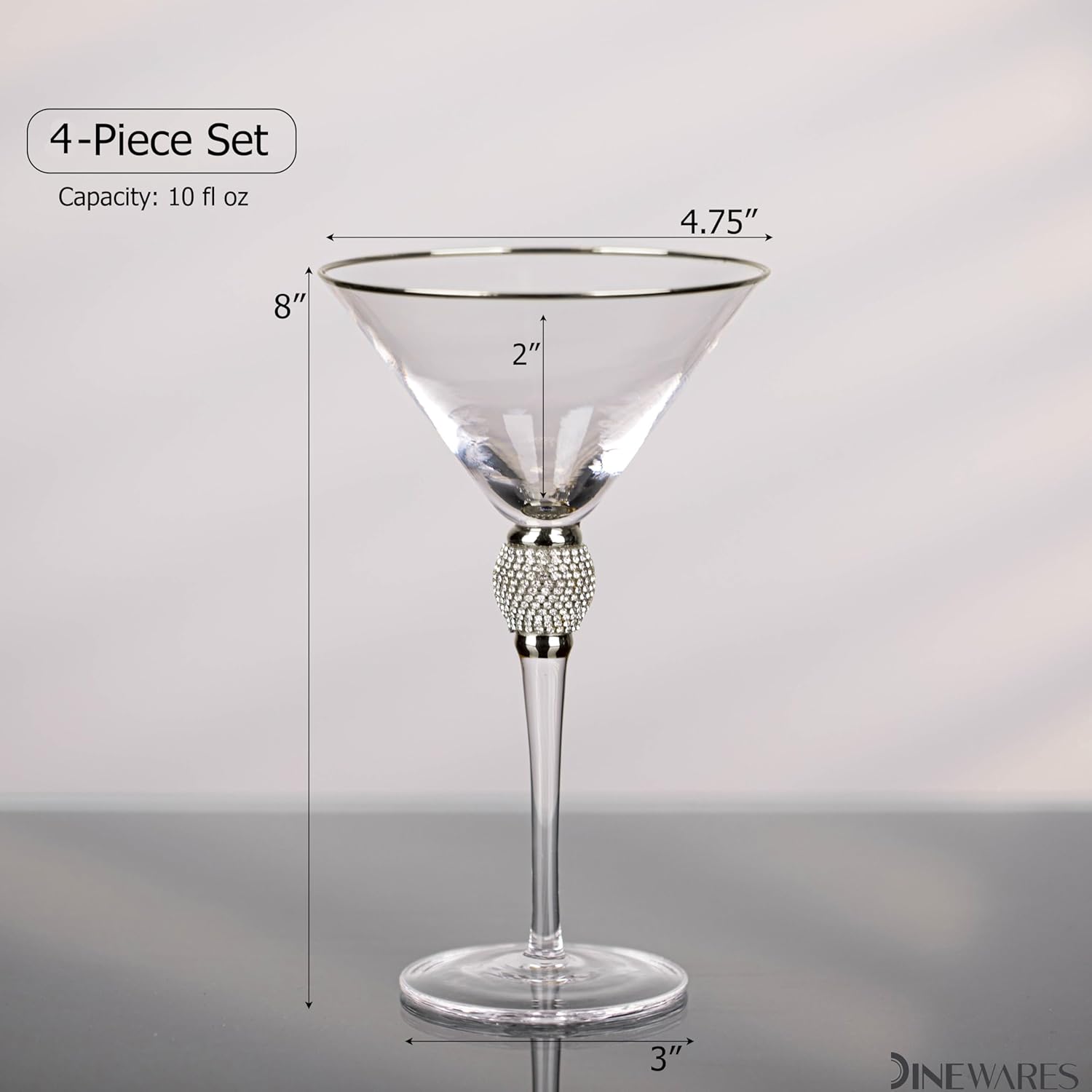 4 Piece Premium Clear Stem Crystal Martini Glasses with Gold Rim and Diamond-like Rhinestones, Elegant 10oz Glassware Set for Cosmopolitan, Vodka, Gin and Other Cocktails, Fancy Manhattan Drinkware