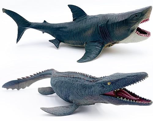 Miniatura 2 de Higherbros Mosasaurus - Juguete de tiburón con mandíbulas que se abren el Megalodon de 11 pulgadas, figura de acción realista de animales marinos,