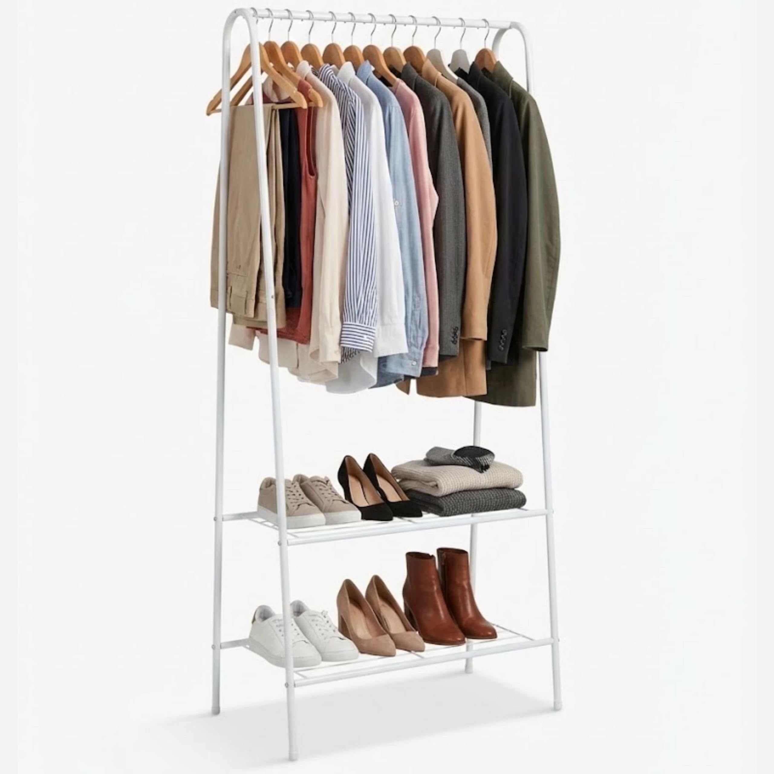 DIVCHI Clothes Rail Heavy Duty Multifunctional Hanging Rack Freestanding Metal Garment Organizer Stand with 2-Tier Storage Shelves Portable Coat Stand for Bedroom Laundry Room & Entryway (White)